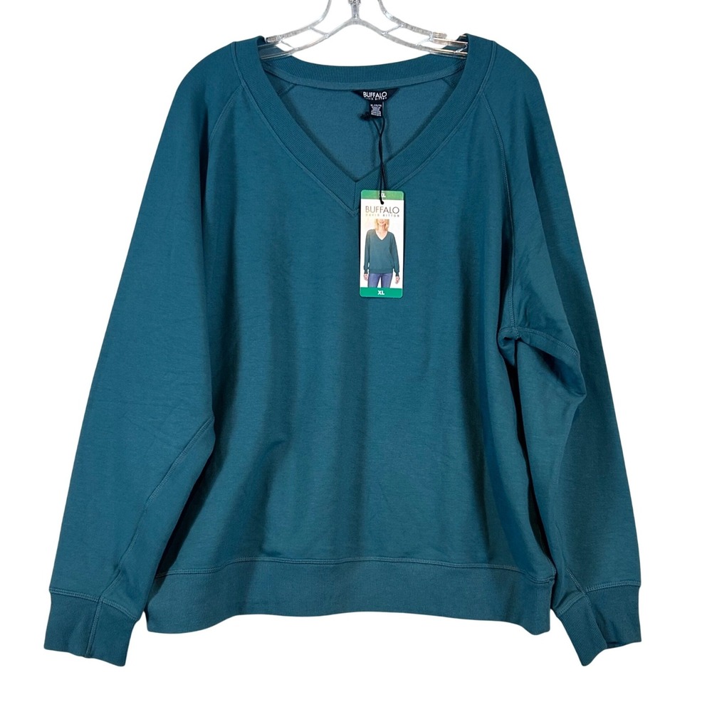 NWT Buffalo David Bitton Womens XL Teal Blue V-Neck Super Soft Sweatshirt Raglan